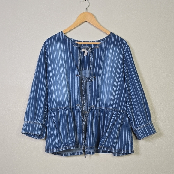 LOGO by Lori Goldstein Jackets & Blazers - LOGO by Lori Goldstein  Striped Peplum Srtle  Triple Tie Denim Jacket Jacket 18W